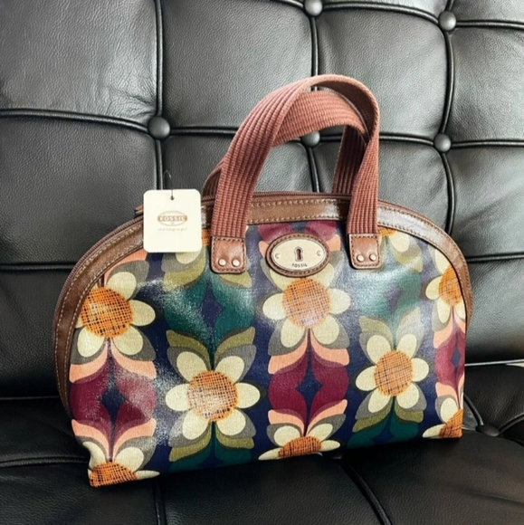 Fossil Handbags - Fossil White Blue Orange Flower Purple Tote Bag Leather Trim 💜